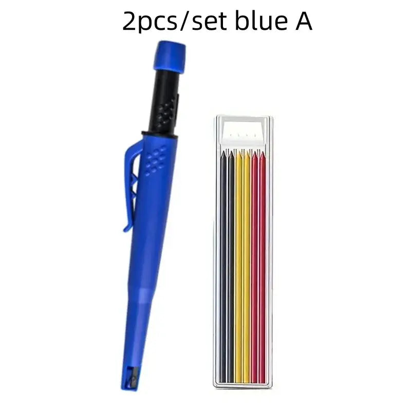 Blue carpenter pencil with built-in sharpener and a slim case of colored pencils, 2-piece set