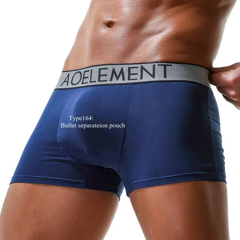Men's navy blue boxer briefs with bullet-separation pouch and gray AOElement waistband