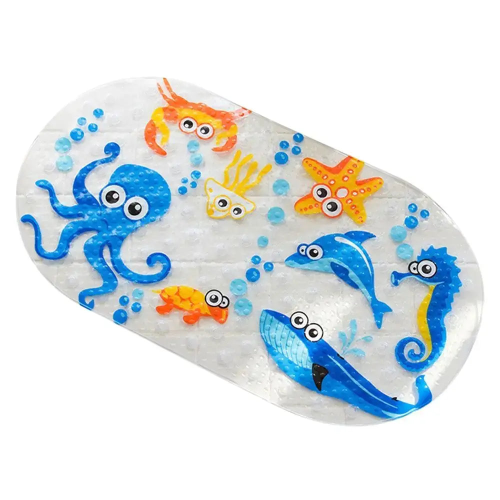 Soft cartoon PVC kids bath mat with anti-slip suction cups by Simples Market; colorful blue sea creatures design