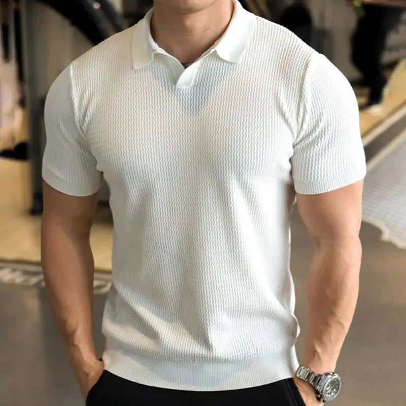 Men's knitted polo shirt by Simples Market in white; short sleeves with a textured knit.