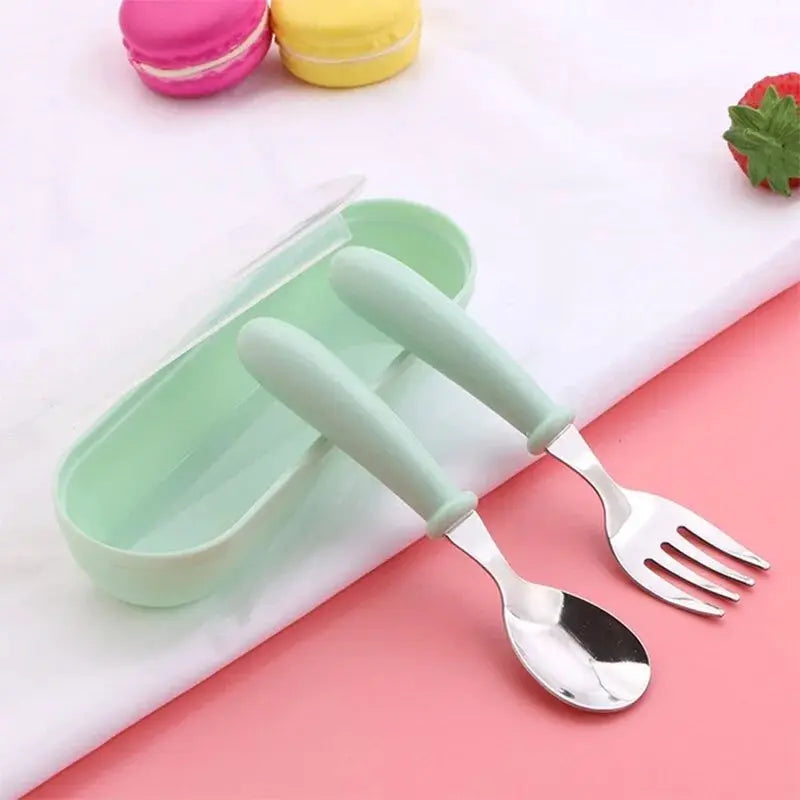 3 Piece Children Spoon And Fork Set Stainless Steel Portable Baby Feeding Utensils For Toddlers