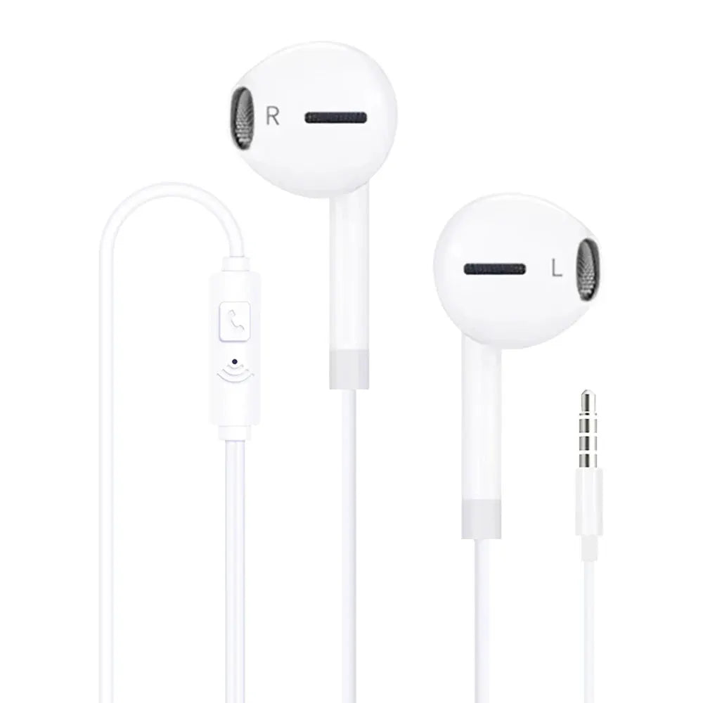 White wired earphones with inline mic and 3.5mm jack, stereo pair