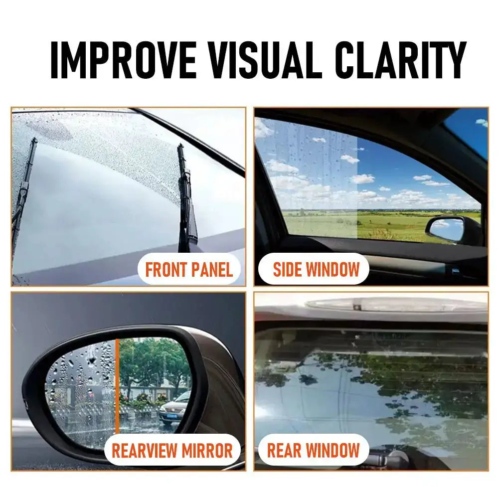 Car glass cleaner gel foam for anti-fog windshields and windows; four panels shown: front panel, side window, rearview mirror, rear window.