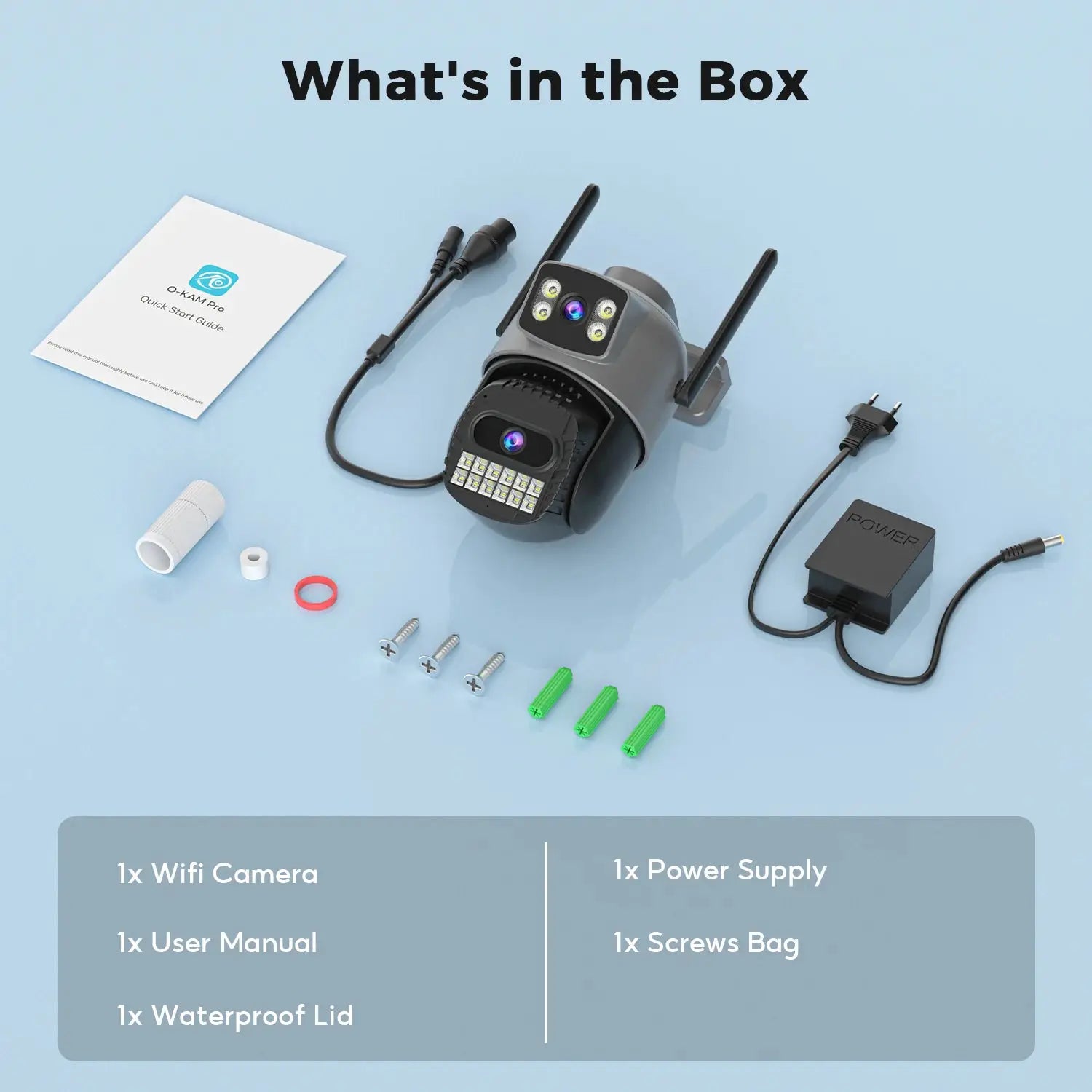 BESDER outdoor wifi camera kit; 1x wifi camera, 1x power supply, gray unit with dual antennas and LED array