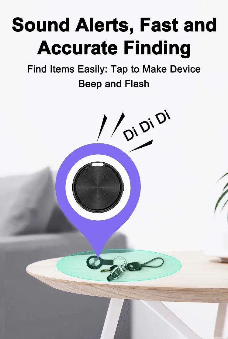 Tag Bluetooth GPS tracker keychain shown as purple map pin with circular device on a table