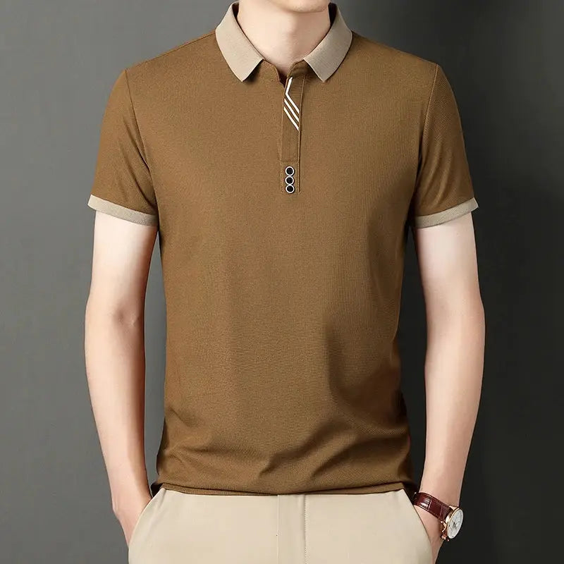 Men's brown polo shirt, solid color with beige collar and cuffs, short sleeves