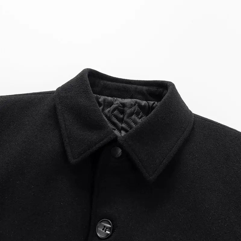 Men's black wool-blend trench coat with lapel collar and quilted lining