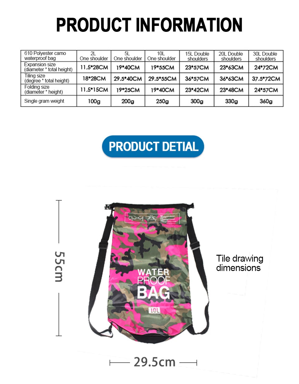 Simples Market dry bag waterproof, pink camo 10L with adjustable shoulder strap