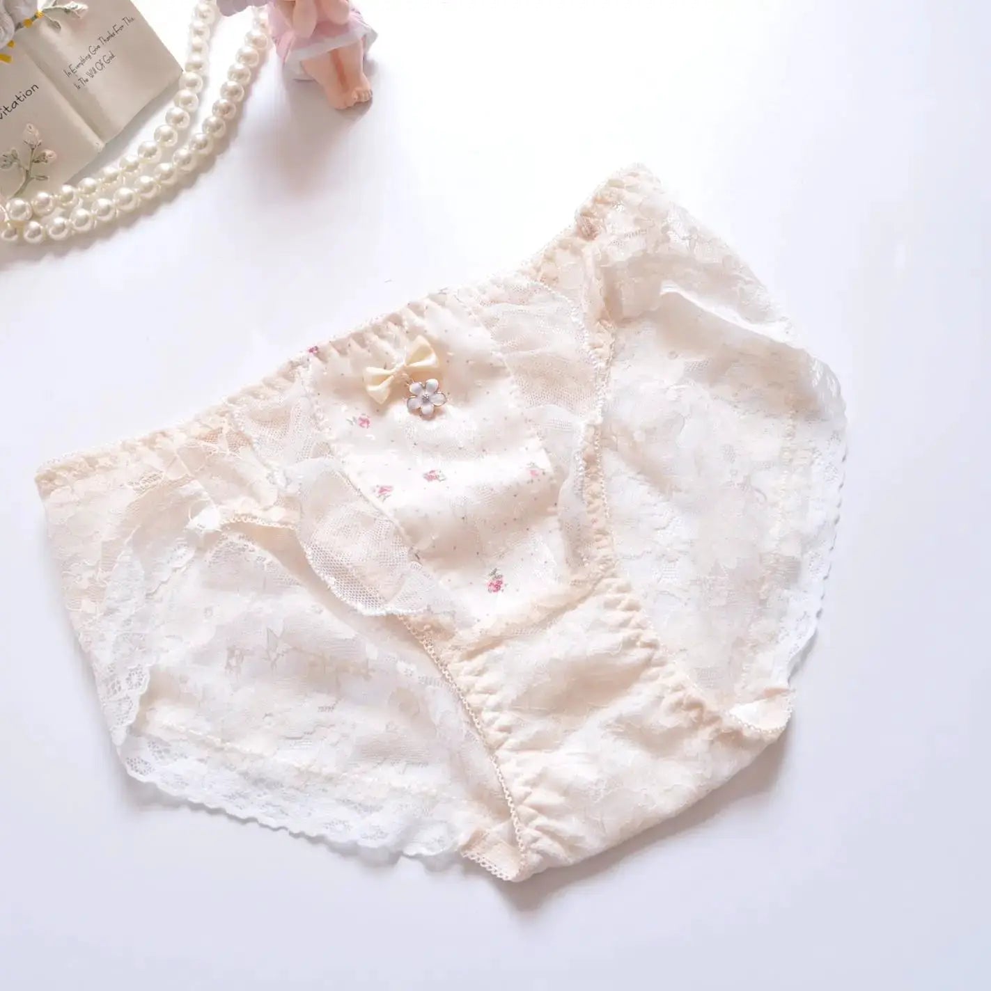 Ivory lace panties with bow, floral print, breathable Simples Market women's underwear