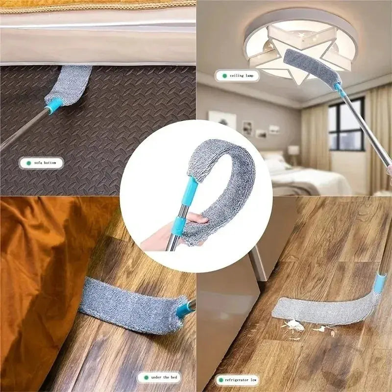 Simples Market telescopic extendable mop with bendable microfiber head; blue pole for ceiling, sofa, under-bed cleaning