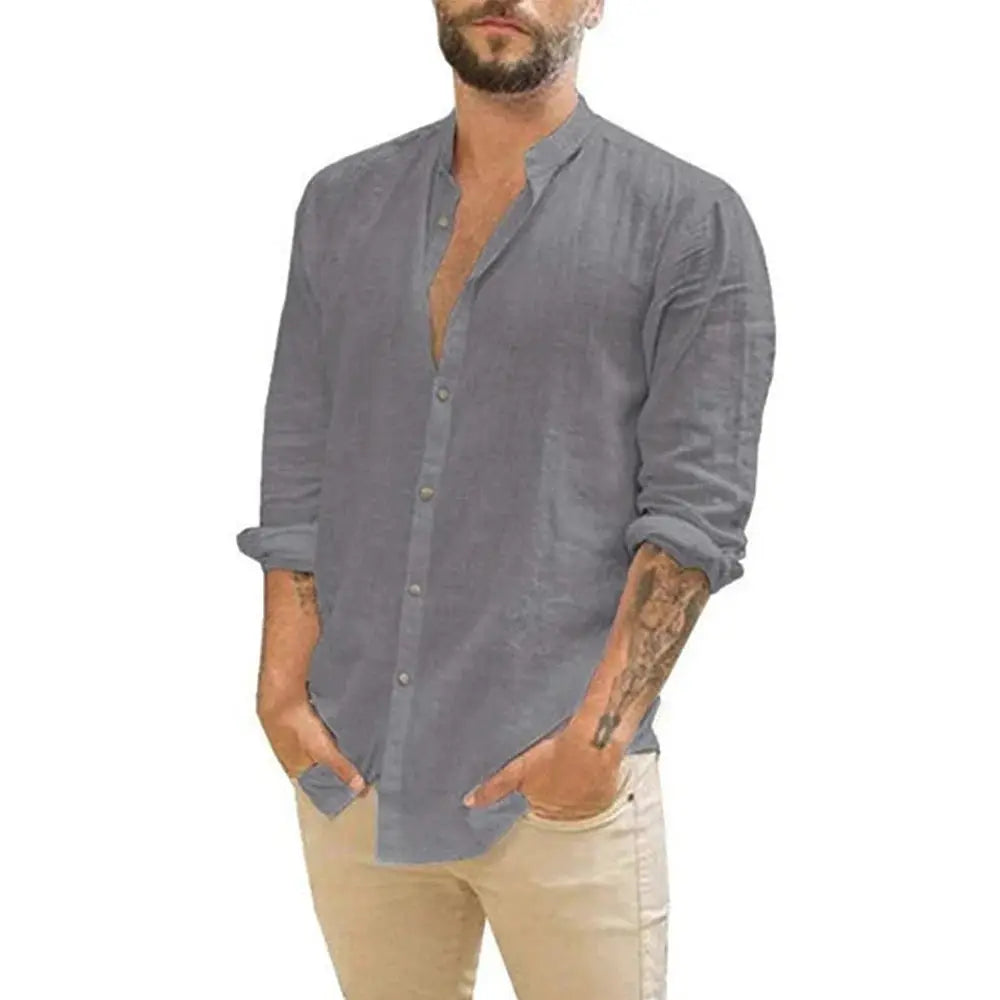 Men's cotton-linen long-sleeve shirt in solid gray with stand-up collar and rolled sleeves