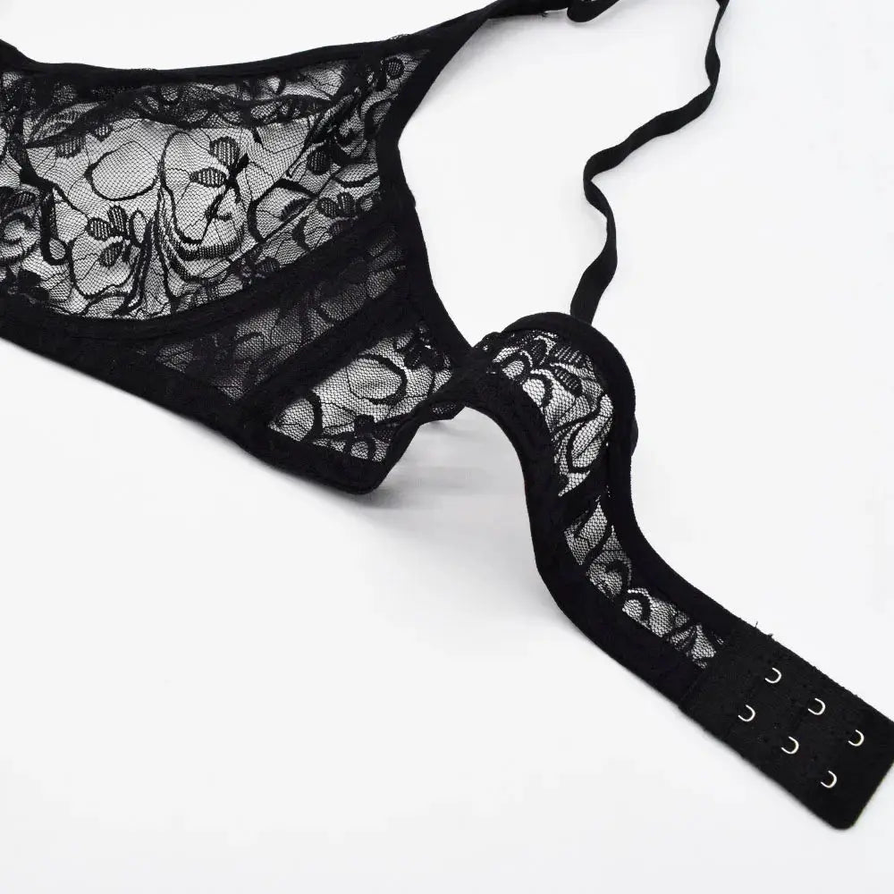 Womens black lace underwire bra with floral embroidery, adjustable straps, back hook closure