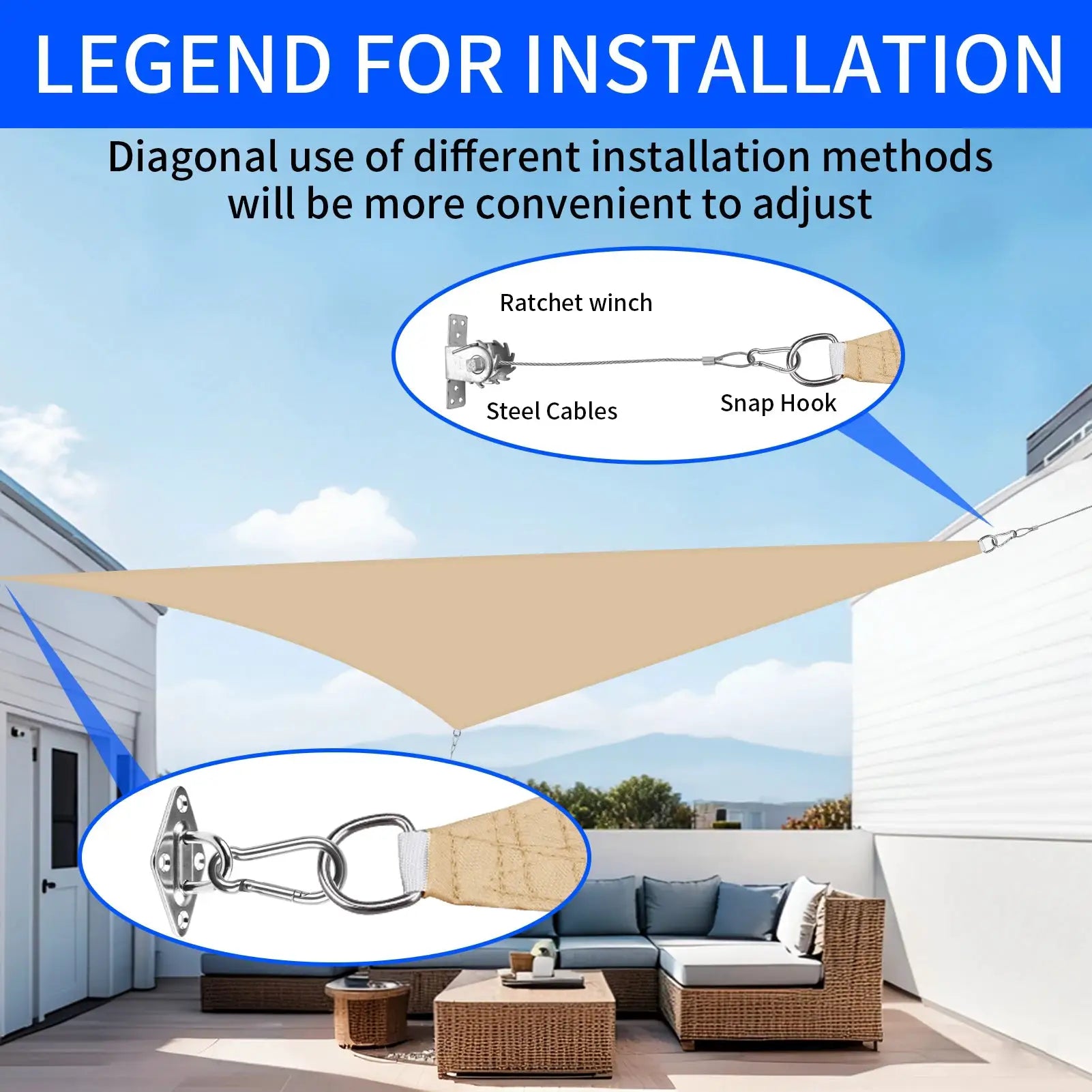 Simples Market waterproof sun shade sail canopy for outdoor patio; includes ratchet winch, steel cables and snap hook.