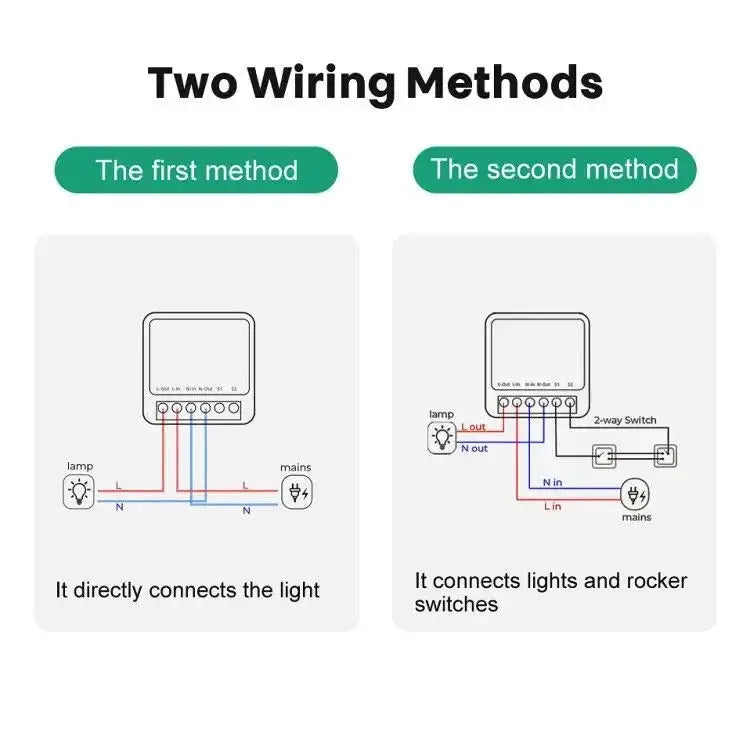 Mini 16A WiFi switch module for Smart Life app, 2‑way control; two wiring methods diagrams