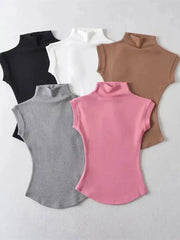 Women's Sleeveless Turtleneck Knit Top Slim Fit Summer Tee Solid Color Streetwear Essentials