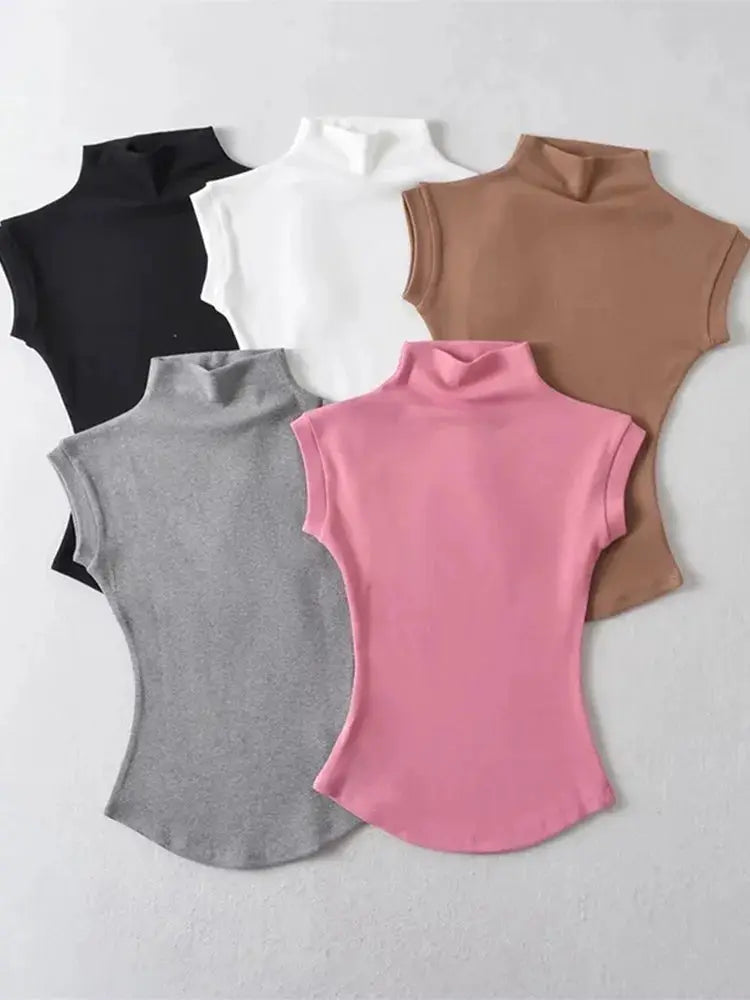 Women's Sleeveless Turtleneck Knit Top Slim Fit Summer Tee Solid Color Streetwear Essentials