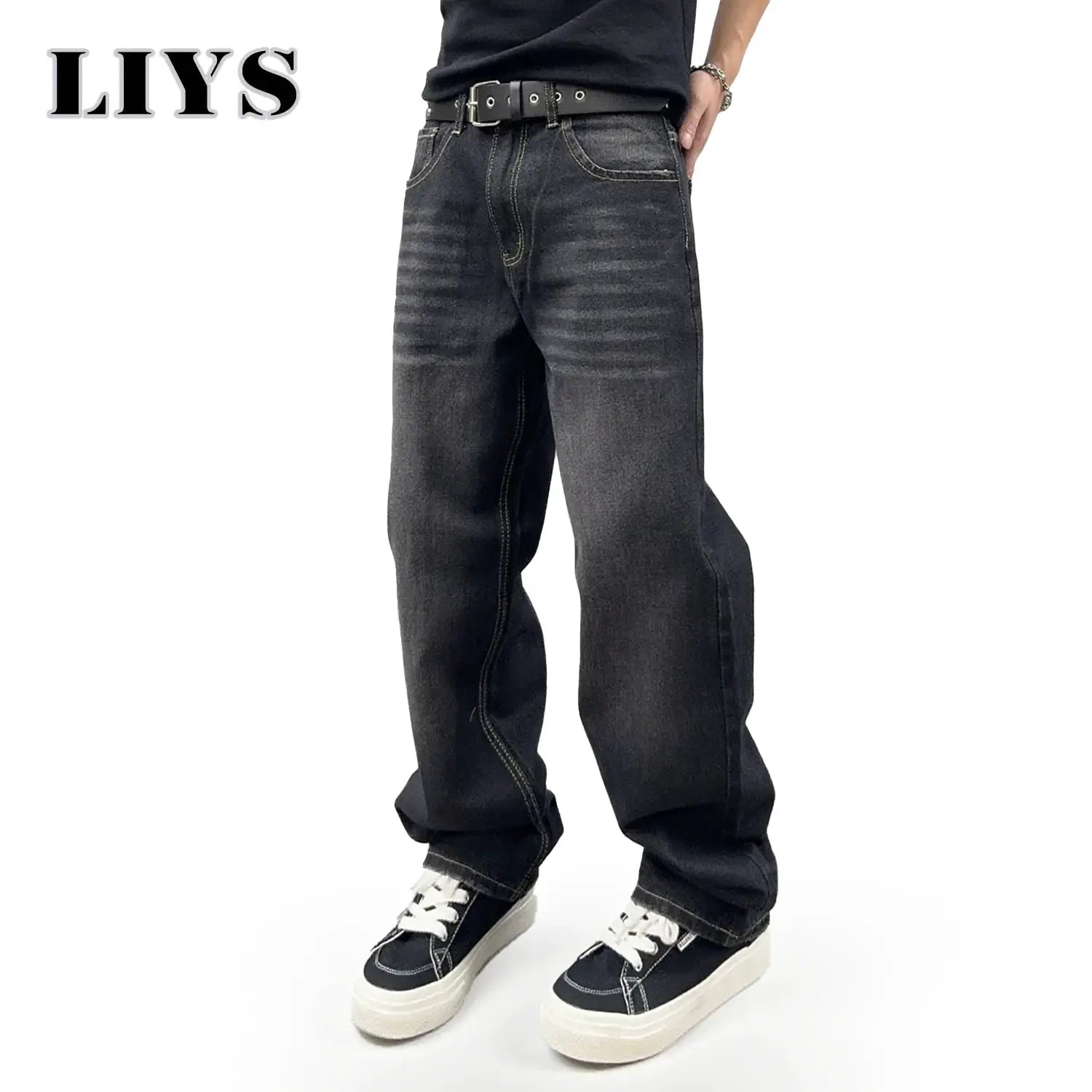 LIYS men's black denim baggy straight-leg jeans with retro-washed finish