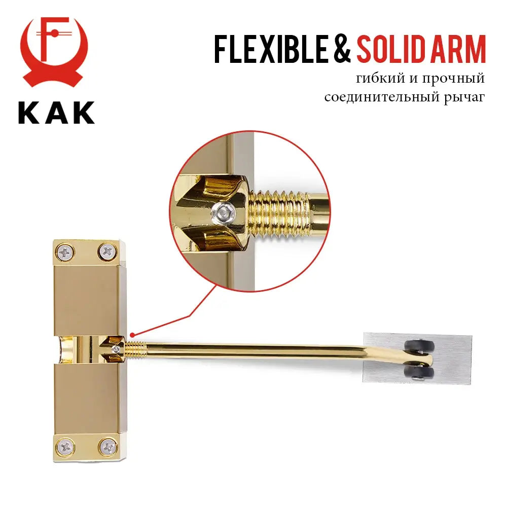 Door closer by KAK with adjustable spring arm in gold finish