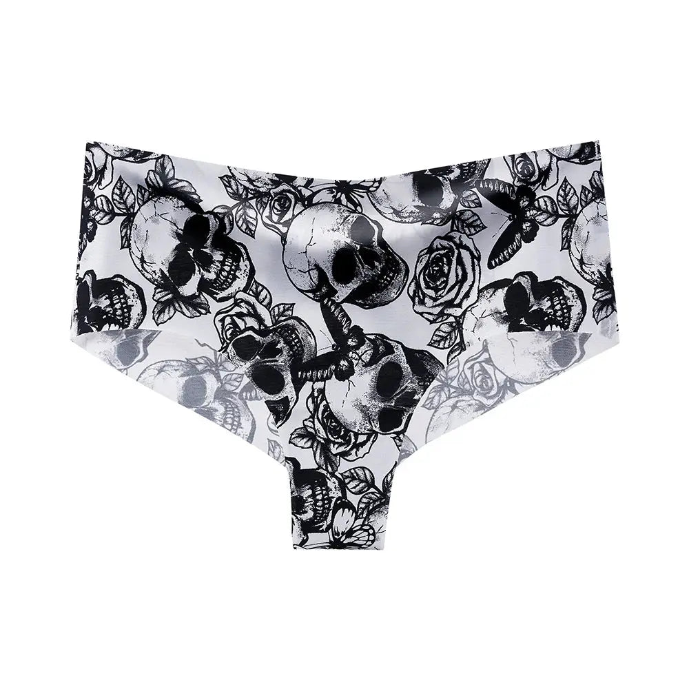 BANNIROU seamless print briefs, skull-rose pattern, black/white, Simples Market women's mid-rise underwear