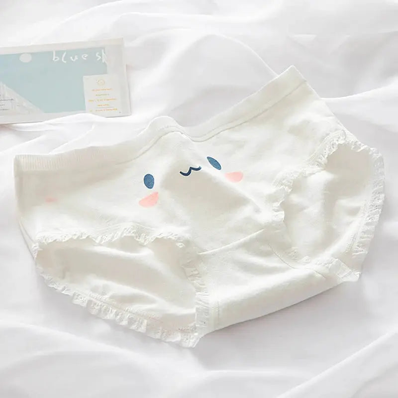 M-XL white cotton panties with lace trim and cute blue-eyed pink-cheek face print, women's underwear briefs