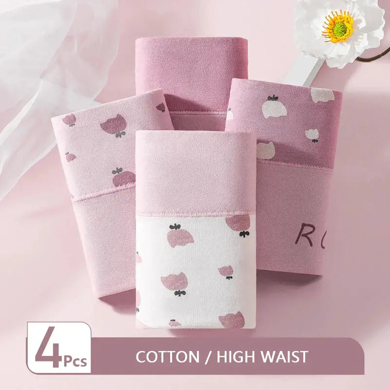 4-piece cotton high-waist women's panties with pink printed pattern, Simples Market