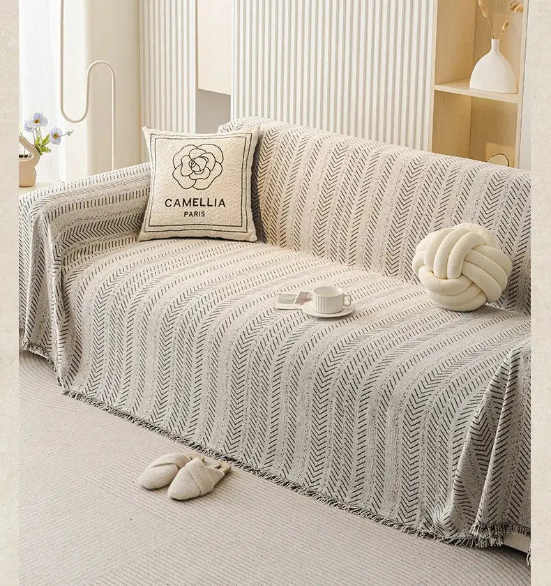 Simples Market 3-seater sofa cover with fishbone pattern in beige-gray, stain resistant