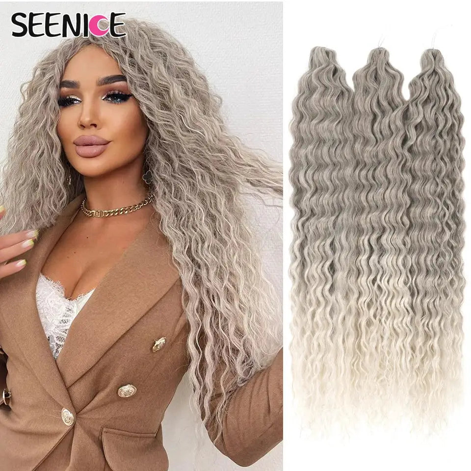 Ariel Curl Deep Twist crochet hair extensions, ash blonde ombre, 22in, synthetic water-wave braids; 4 bundles, SEENICE.