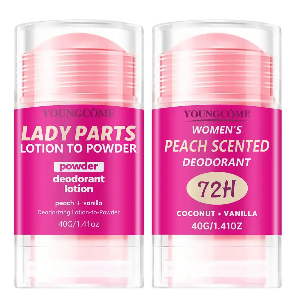 Two YoungCome peach-scented deodorant sticks in pink packaging; peach+vanilla and coconut+vanilla scents, 40g each.