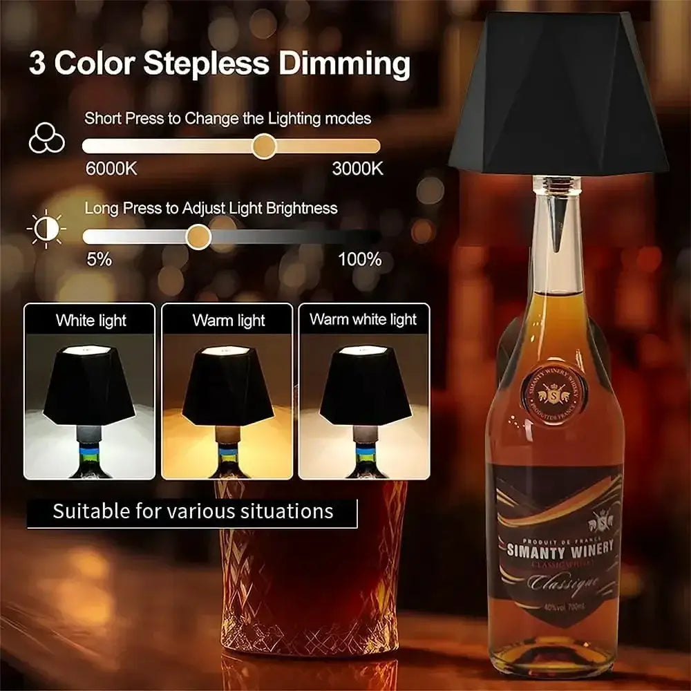 LED Wireless Wine Bottle Lamp with black geometric shade; portable touch desk lamp with 3-color dimming