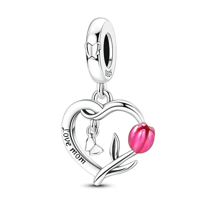 Mother's Day 925 Sterling Silver Heart Charms Beads Dangle For Bracelets Love Mom Jewelry Gift