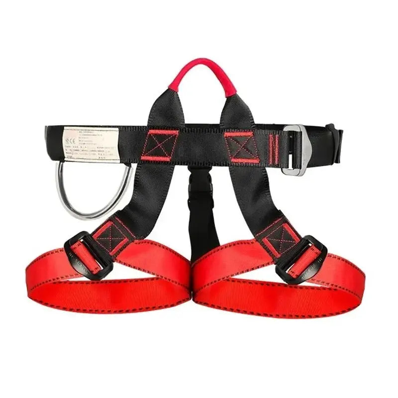 Half-body rock climbing harness with red leg loops, black waist straps, metal D-ring and buckles.