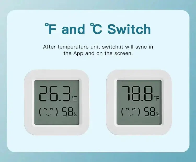 Zigbee temperature humidity sensor with LCD display; two white units show 26.3°C/58% and 78.8°F/58%
