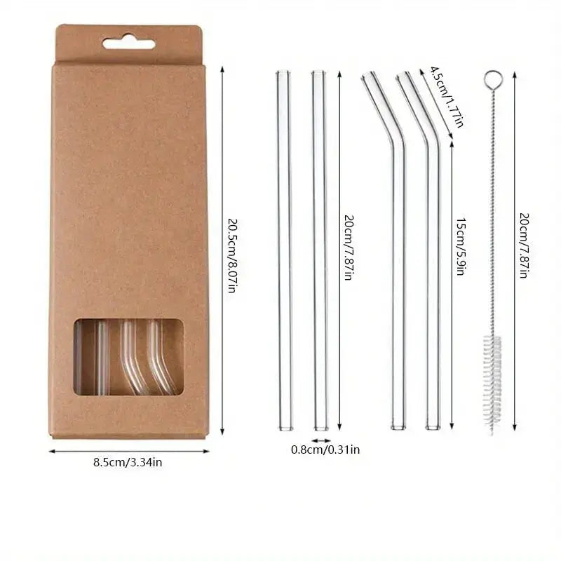 Heat Resistant Glass Straws Set Of Five With Brush Reusable Washable