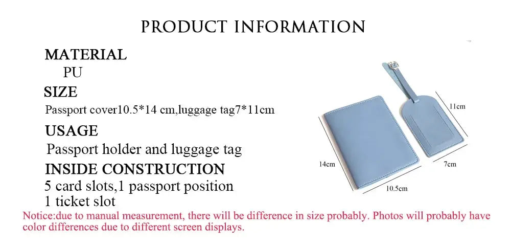 Blue PU leather passport cover set with matching luggage tag and card holder; personalized name option.