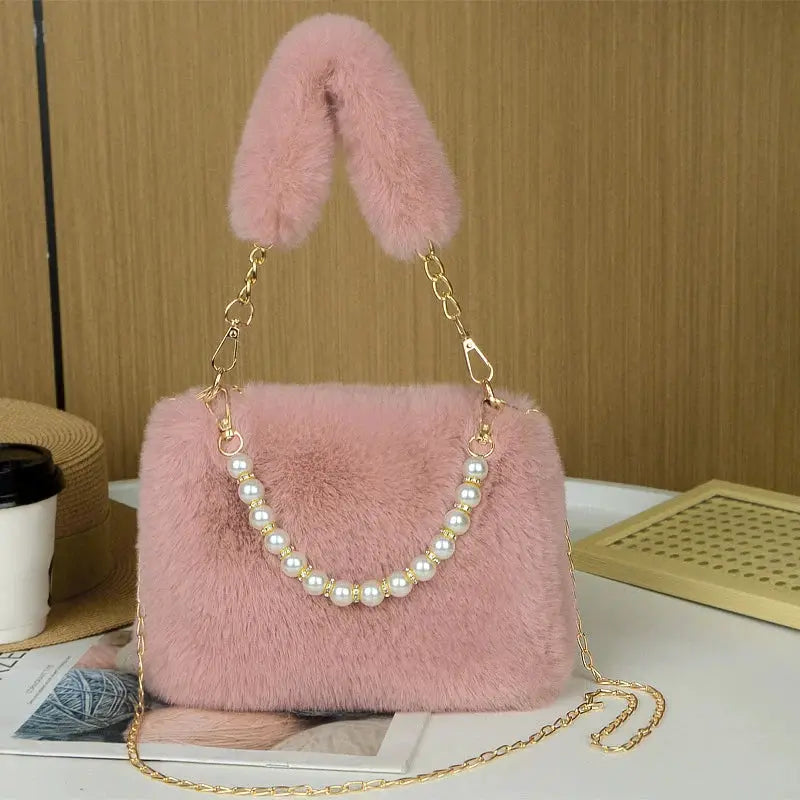 Pink fur handbag with pearl bead strap and gold chain crossbody, small winter shoulder bag