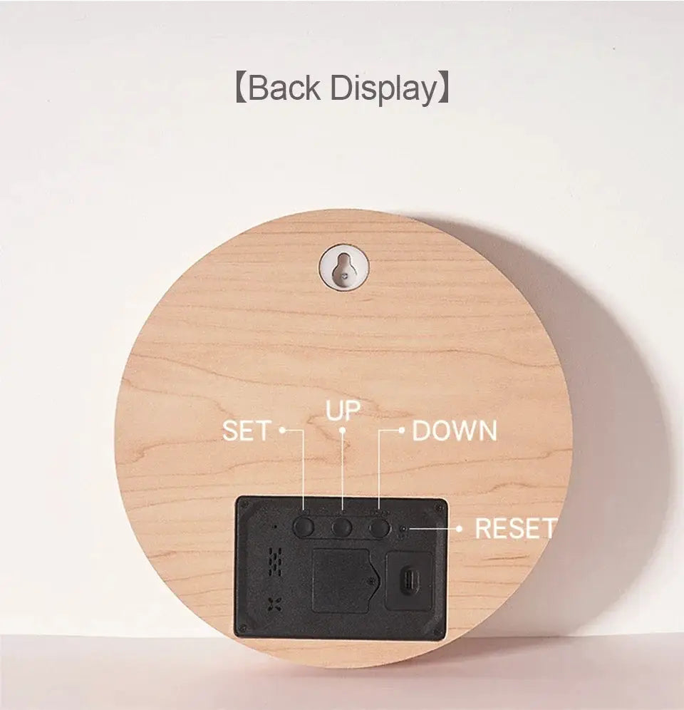 Round wooden LED digital wall clock back view with control panel showing SET UP DOWN RESET and wall-mount hole.