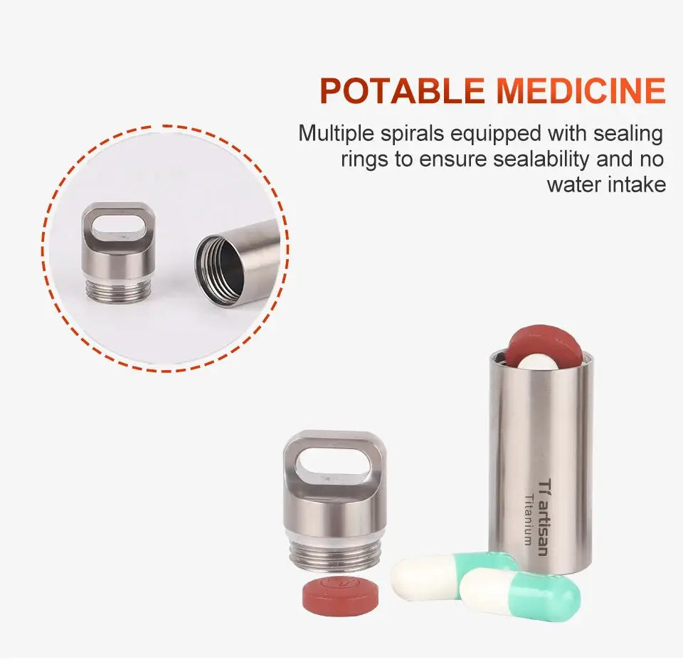 Tiartisan titanium mini pill bottle with sealed lid, waterproof portable medicine container and capsules