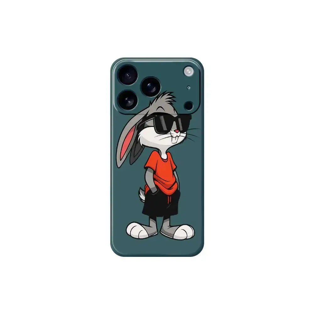 Cool Rabbit Silicone Phone Case for iPhone, cartoon bunny wearing sunglasses on teal background