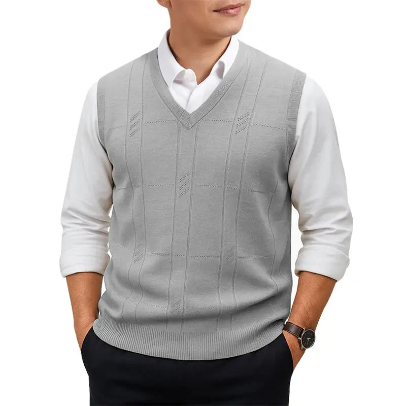 Men's gray sleeveless knit vest with V-neck and subtle twist pattern
