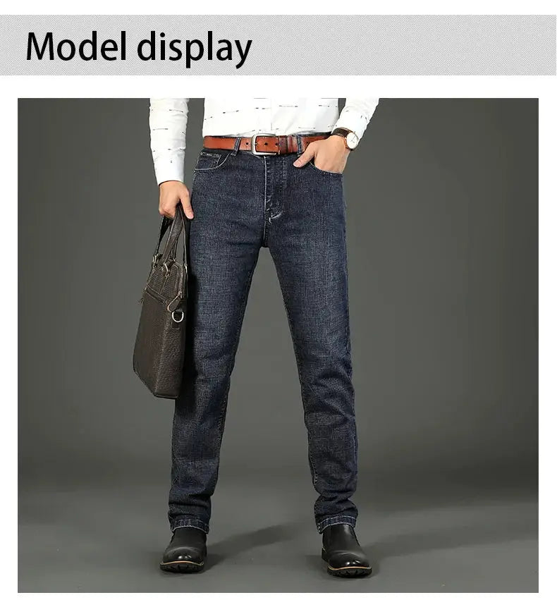 Men's denim jeans, straight-leg, dark blue stretch denim, casual work pant