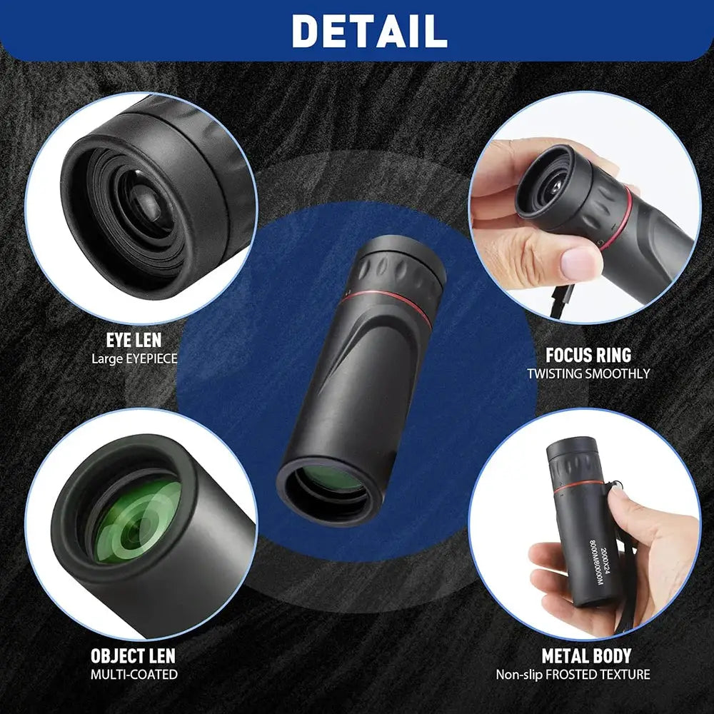 Monocular telescope upgrade 2000X24 HD with phone adapter; black metal body with red focus ring
