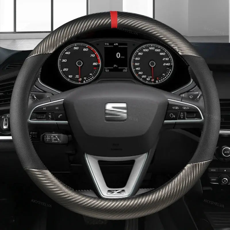 Carbon fiber steering wheel cover for SEAT cars, black with red center stitch.