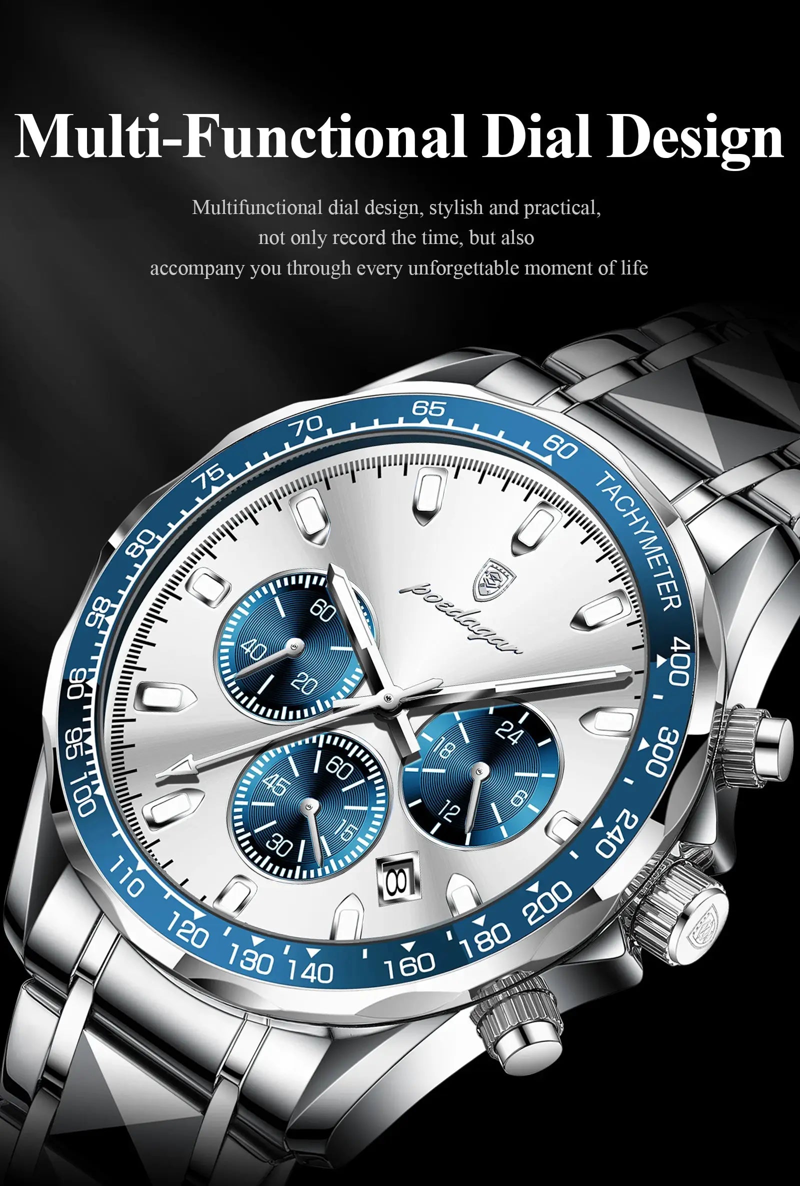 POEDAGAR luxury stainless steel men's chronograph watch with blue tachymeter bezel and luminous dial