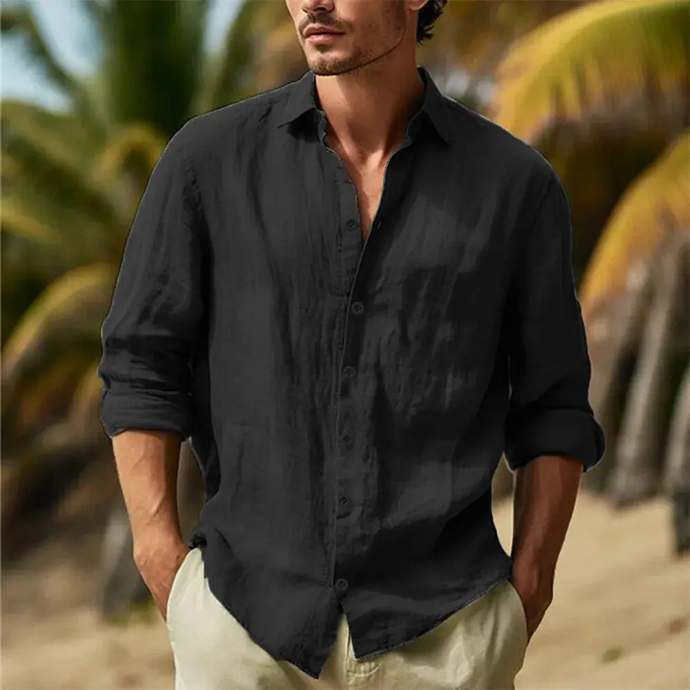 Men's cotton-linen shirt by Simples Market with turn-down collar; dark charcoal, lightweight top with rolled sleeves