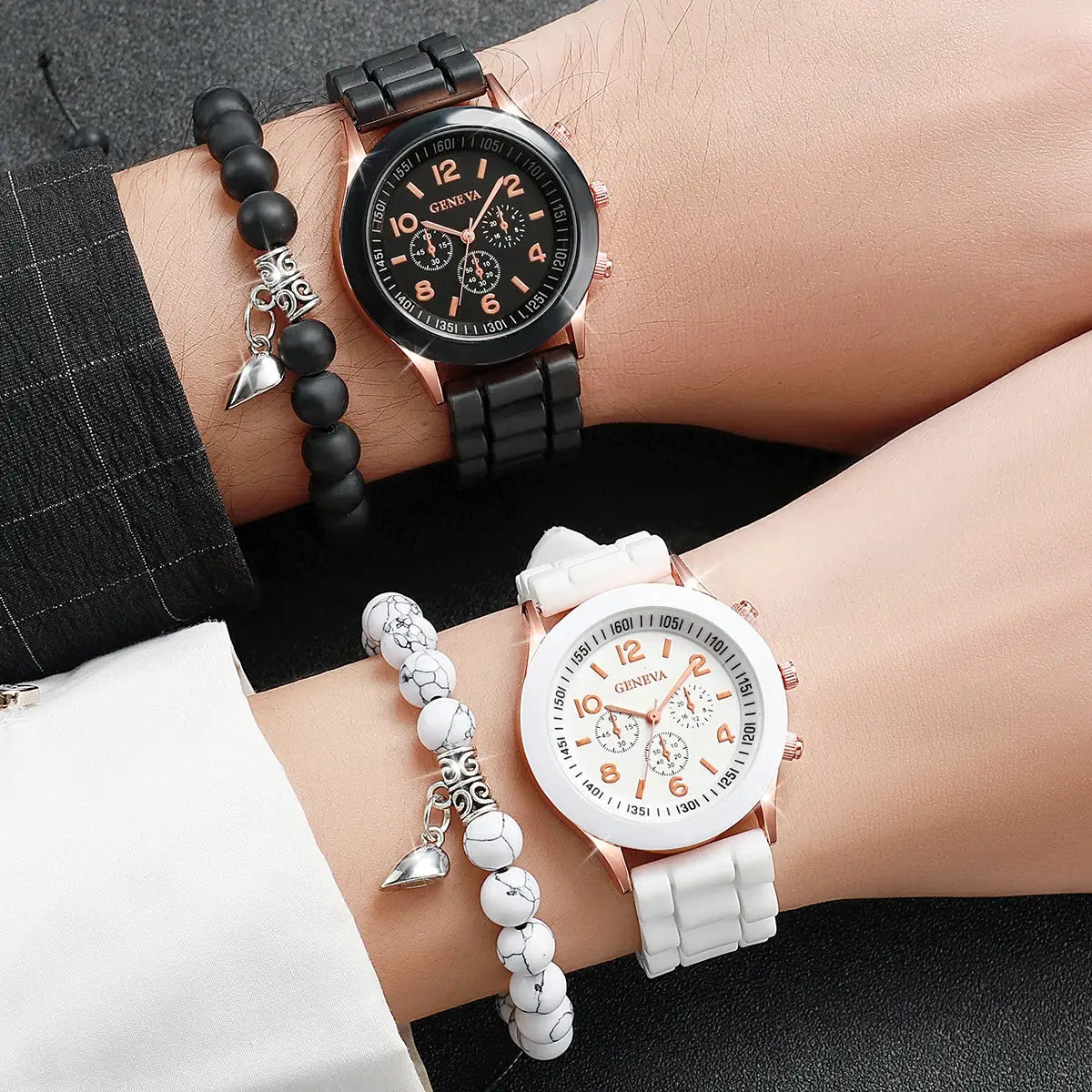 Geneva 4-piece set: two silicone watches (black and white) with rose-gold cases, plus magnetic heart-bead bracelets