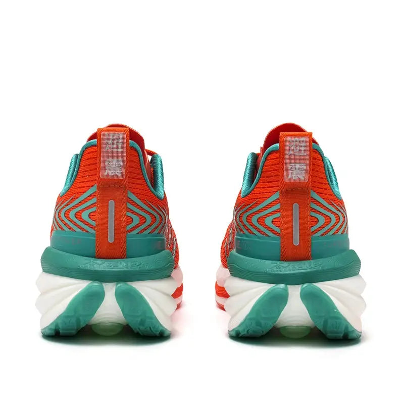 ONEMIX men's running shoes with breathable orange mesh, teal accents, and chunky white/teal outsole (pair)