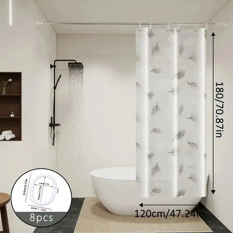 Leaf-pattern plastic shower curtain with plastic hooks, transparent, 1pc by Simples Market.