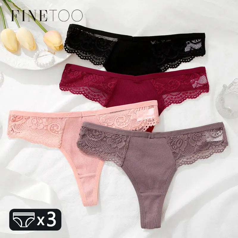FINETOO lace thong panties, 3-pack in assorted colors for women