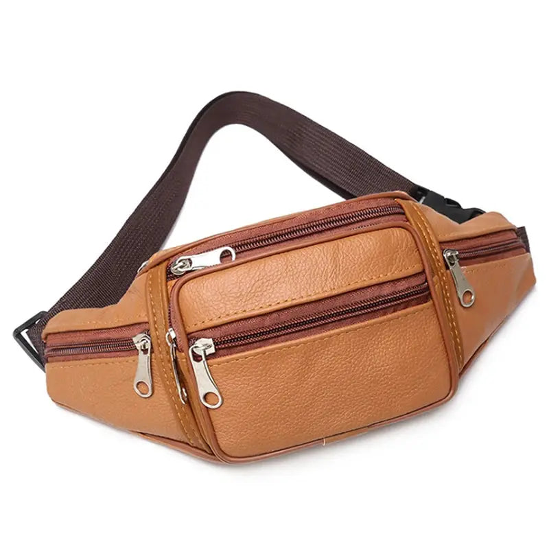 Tan PU leather men's waist pack with multiple zip pockets and an adjustable dark-brown strap