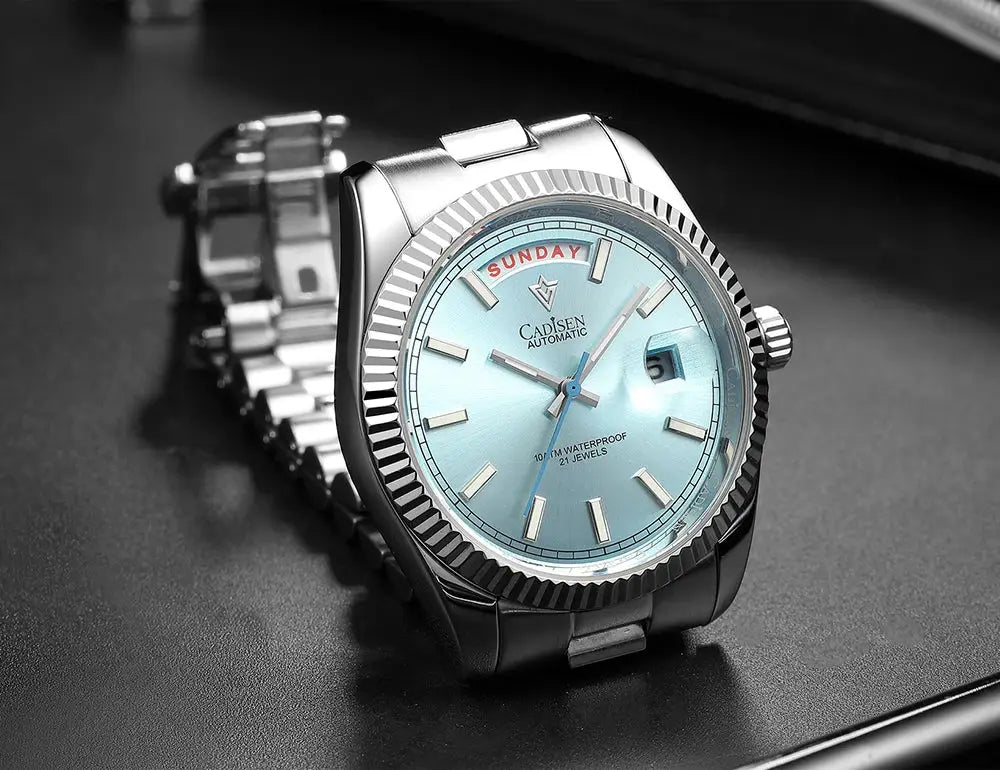 CADISEN DD40 men's automatic wristwatch with blue dial, day window, sapphire glass, stainless steel bracelet
